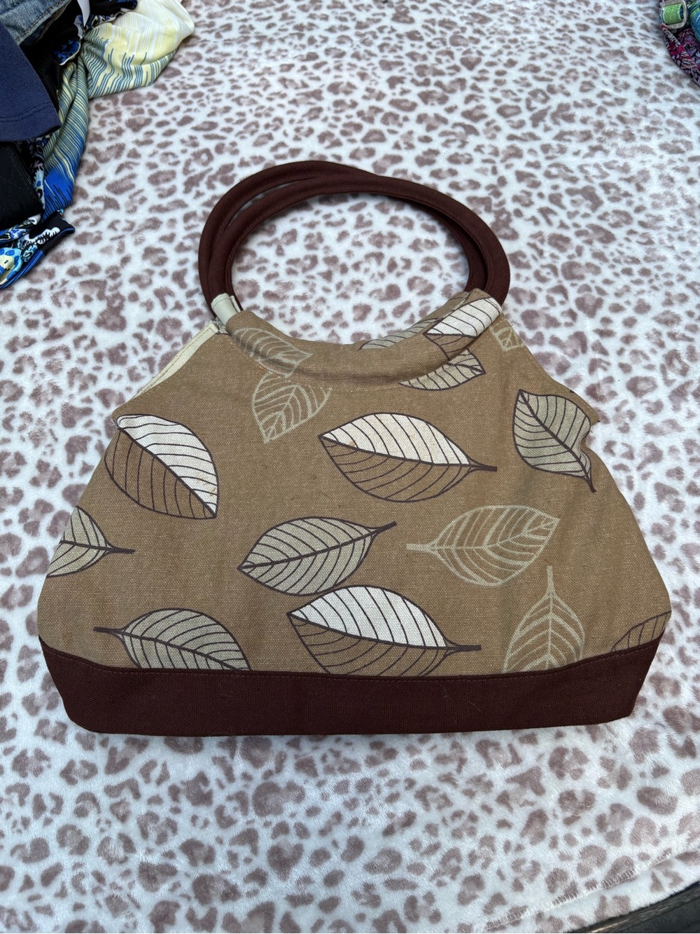 Thirty-One Brown Leaf Print Bag with Round Handles